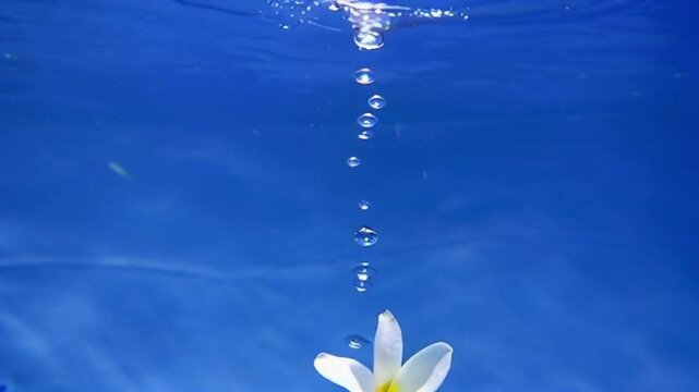 Super slow motion macro of exotic white frangipani flower is falling on clear transparent pure water surface with dripples. Filmed on high speed cinema camera