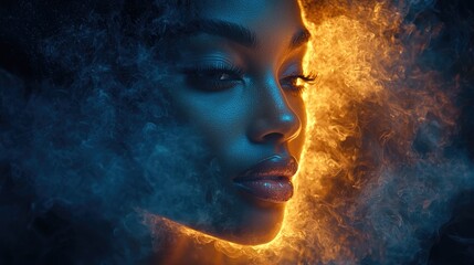 Fiery portrait of a woman's face, half engulfed in flames and smoke.