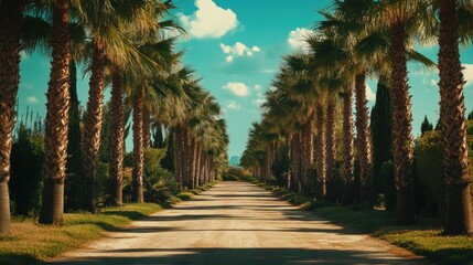 Obraz premium Serene Palm Tree Lined Pathway Under Bright Blue Sky Landscape