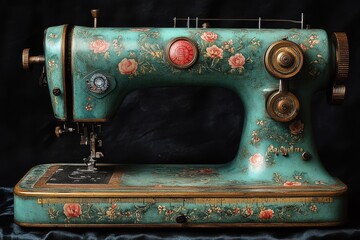 Rustic green sewing machine with measuring tape and tools for tailoring