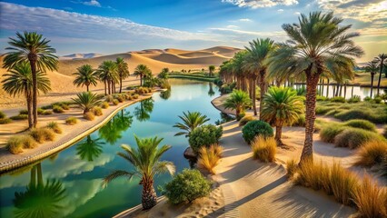 Fototapeta premium A Serene Oasis in the Heart of the Desert A Serpentine Stream Meandering Through Lush Palm Trees and Golden Sand Dunes, Reflecting the Tranquil Sky in Its Still Waters