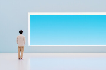 Obraz premium Man standing in a bright gallery, gazing at a large minimalist window with a serene blue view, symbolizing reflection and creative inspiration, ideal for art or design campaigns