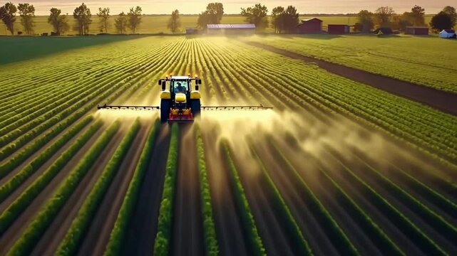 A tractor tills soil in sunlit farm rows, kicking up dust in rural area. Machinery operates amidst crops, under the morning glow, enhancing growth. 