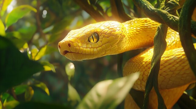 A Glimpse of a Yellow Python Among Green Leaves in a Vibrant Forest Scene