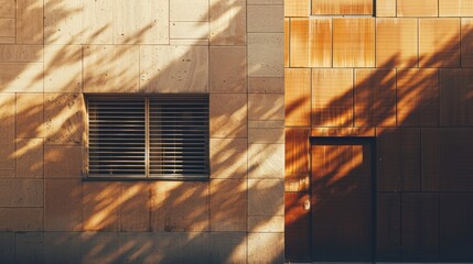 Parisian architecture, modern minimalist building, facing a wall with windows and doors, warm sunlight, peaceful urban scene, no people visible.
