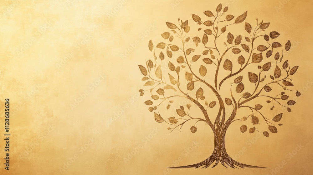 Aufkleber artistic representation of a tree with leaves on golden background