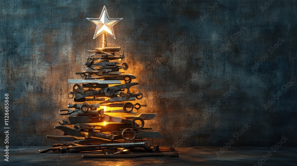 Poster unique christmas tree made of tools in a rustic setting