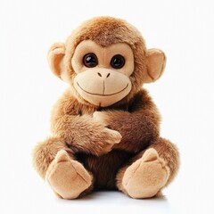 Cute smiling monkey plush toy isolated on white background.