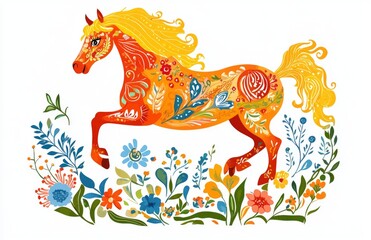 illustration of horse rearing, flat design with boho floral patterns around the border, colorful