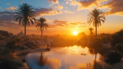 Serene Oasis Sunset Desert Landscape With Palm Trees