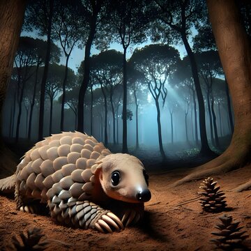 a very scared pangolin, hiding under the ground looking at the very dark situation at night, background in a quiet forest of trees