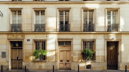 Parisian building facade, minimalist architecture, facing a wall with windows and doors, sunny afternoon light, peaceful urban setting, no people visible.