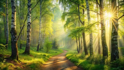 Obraz premium Golden rays of sunlight illuminate the forest path, casting long shadows through the trees, creating a magical and serene atmosphere.