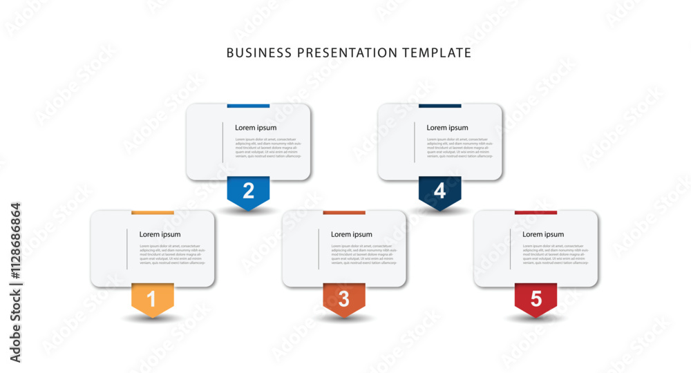 Poster 5 step process workflow, presentation, business information. Vector template infographic with paper style 