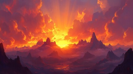 Fototapeta premium Fiery Sunset Over Majestic Mountain Range