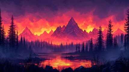 Fiery Sunset Over Majestic Mountain Range And Tranquil Lake