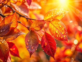 Obraz premium Captivating Autumn Background in Macro Photography Showcasing Colorful Leaves, Dew Drops, and Nature's Beauty During Fall Season, Perfect for Seasonal Themes and Design Projects