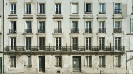 Fototapeta premium Parisian building facade, minimalist architecture, full wall with windows and doors, sunny afternoon light, tranquil urban scene, no people visible.