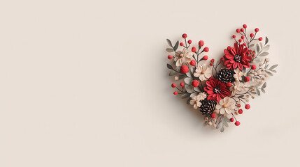 Floral heart arrangement with red and pink flowers on a neutral background.