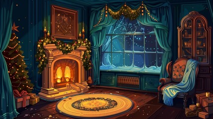 Christmas room with fireplace. Vector illustration Vector Formats EPS