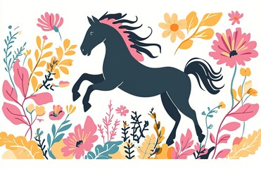 illustration of horse rearing, flat design with boho floral patterns around the border, colorful