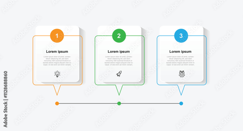 Aufkleber 3 step table business information, workflow, presentation.
Vector template infographic with paper style and line connected 