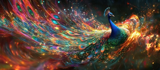 Vibrant peacock with fiery, colorful tail feathers.