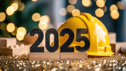 New Year 2025 Construction Theme with Helmet and Sparkling Lights