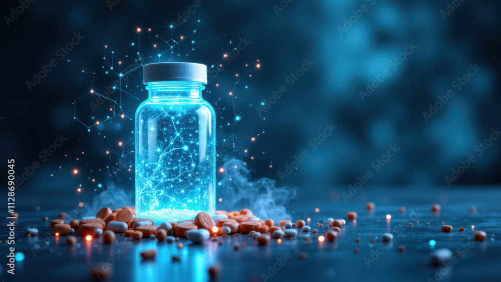 Poster an artistic representation of a supplement with particles emitting from a clear capsule, symbolizing
