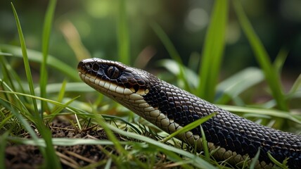Obraz premium Black and white snake in green grass