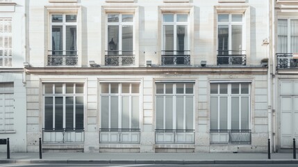 Fototapeta premium Parisian building, minimalist design, full wall with windows and doors, sunny afternoon, peaceful urban setting, no people present.