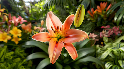 Fototapeta premium vibrant pink lily flower in full bloom surrounded by lush greenery, showcasing its delicate petals and intricate details
