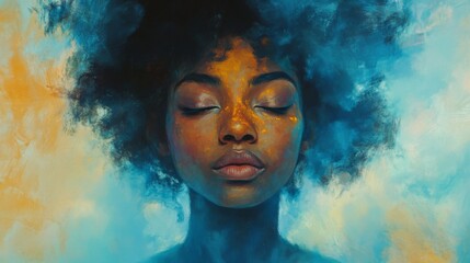 Serene Black Woman with Eyes Closed in Blue and Gold Hues