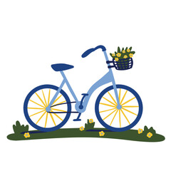Bicycle with basket of flowers on summer field. Modern vector illustration on white background.