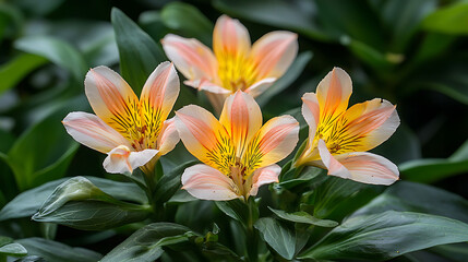Fototapeta premium close up photograph of vibrant alstroemeria flowers showcasing their delicate petals and striking colors, surrounded by lush green leaves