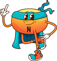 Cartoon groovy vitamin H superhero character pointing finger. Isolated vector funny Biotin capsule personage on guard of health. Strong nutrient bubble comics book defender in super hero mask and cape