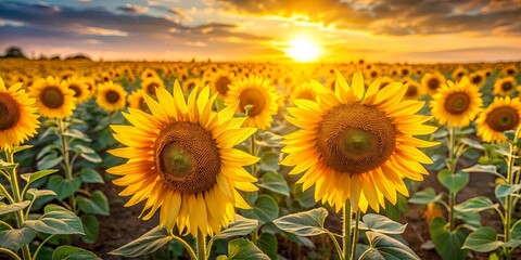Fototapeta premium Golden Sunflowers Bathed in the Warm Glow of a Setting Sun, a Symphony of Yellow Petals and Lush Green Foliage