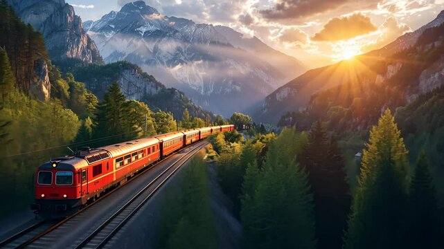 Vibrant red train traveling on a scenic mountain railway surrounded by dramatic landscapes and golden sunlight.