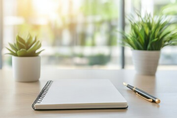 A cozy workspace featuring a blank notebook and a pen, complemented by small potted plants, creating a serene atmosphere.