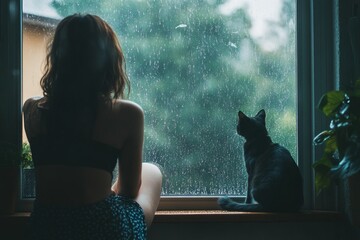 Woman and her cat sitting on a windowsill, watching the rain, peaceful and introspective indoor moment 