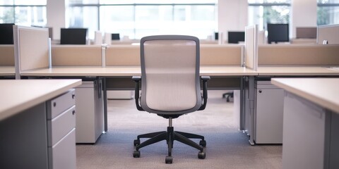 An empty office space featuring a single ergonomic chair and cubicles, showcasing a minimalistic and modern work environment.