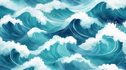 Watercolor Painting of Ocean Waves Crashing