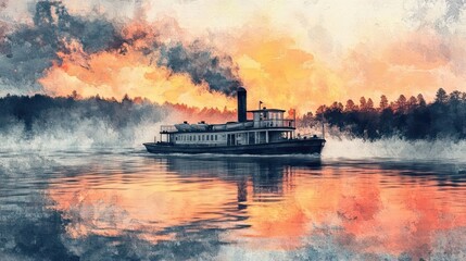 Steamboat sailing on a lake at sunset