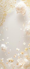 Abstract white and gold backdrop with flowers and gentle ripples, floral, elegant
