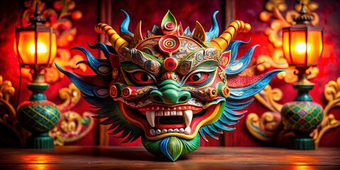 Fototapeta premium Captivating Chinese Dragon Mask for Cultural Celebrations and Festivals, Vibrant Colors, Intricate Designs, Perfect for Traditional Events or Themed Parties, Unique Decor Piece