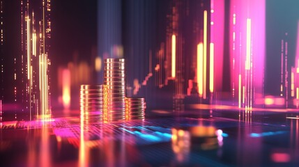 Neon Cityscape of Financial Growth: A Digital Visualization of Stacked Gold Coins Against a Vibrant, Dynamic Background of Stock Market Data and Glowing Lines