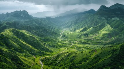 High-end photography of a dramatic mountain landscape with a winding river and lush green valleys