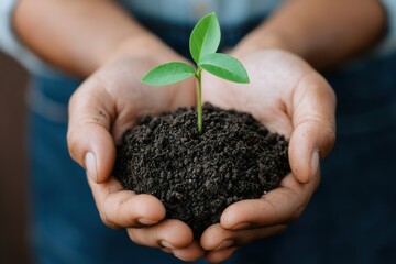 Farmer holding a small green plant in sunlight, representing renewal