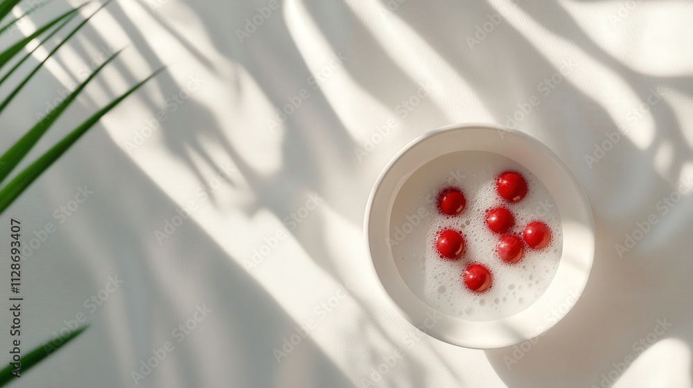 Poster fresh red cherry tomatoes floating in a white bowl emphasizing light and shadow patterns on a table 