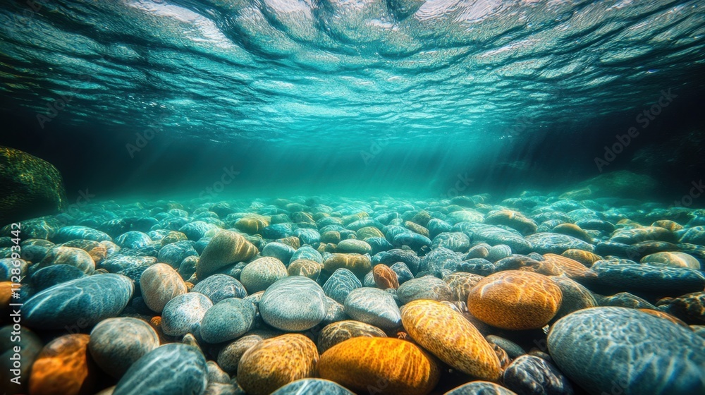 Poster underwater scene with colorful pebbles and soft light rays